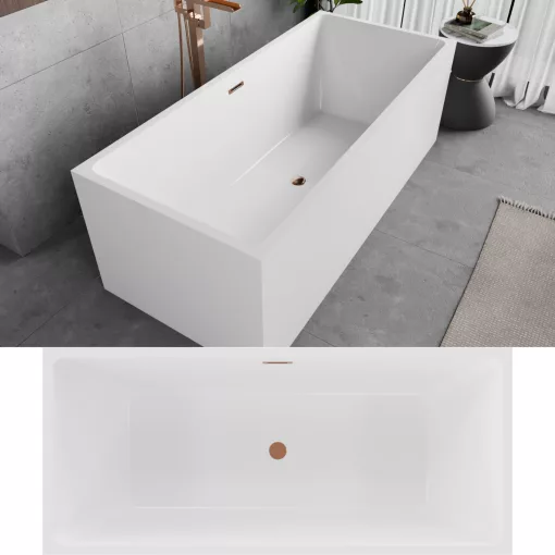 HD Miami White szögletes térben álló akril kád rózsa arany túlfolyóval és click-clack leeresztővel, 170x75x58 cm