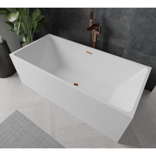 HD Miami White szögletes térben álló akril kád rózsa arany túlfolyóval és click-clack leeresztővel, 170x75x58 cm