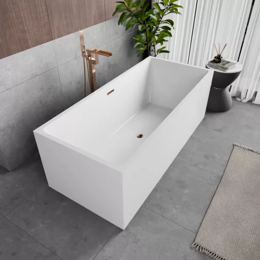 HD Miami White szögletes térben álló akril kád rózsa arany túlfolyóval és click-clack leeresztővel, 170x75x58 cm
