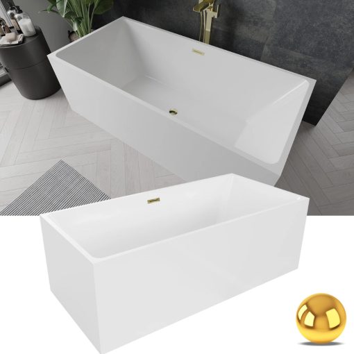 HD Miami White szögletes térben álló akril kád fényes arany túlfolyóval és click-clack leeresztővel, 170x75x58 cm