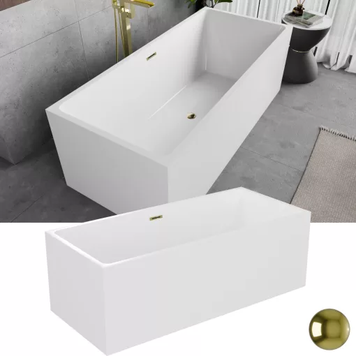 HD Miami White szögletes térben álló akril kád fényes arany túlfolyóval és click-clack leeresztővel, 170x75x58 cm