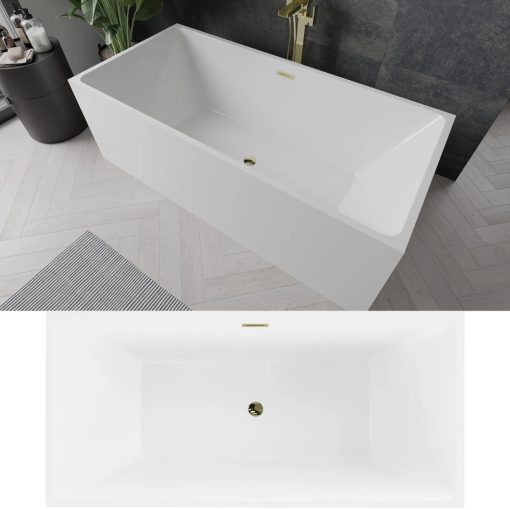 HD Miami White szögletes térben álló akril kád fényes arany túlfolyóval és click-clack leeresztővel, 170x75x58 cm