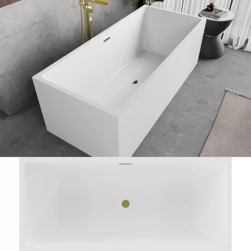 HD Miami White szögletes térben álló akril kád fényes arany túlfolyóval és click-clack leeresztővel, 170x75x58 cm