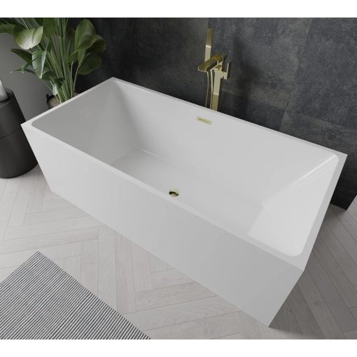 HD Miami White szögletes térben álló akril kád fényes arany túlfolyóval és click-clack leeresztővel, 170x75x58 cm