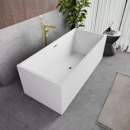 HD Miami White szögletes térben álló akril kád fényes arany túlfolyóval és click-clack leeresztővel, 170x75x58 cm