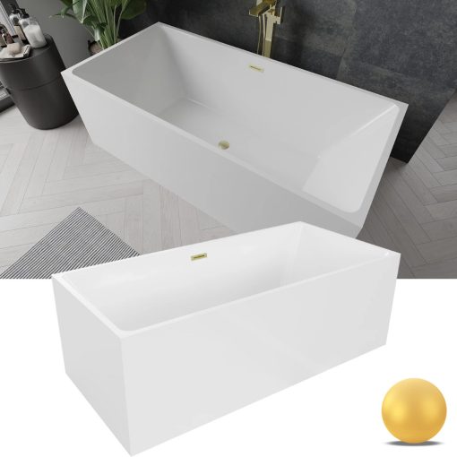 HD Miami White szögletes térben álló akril kád szálcsiszolt arany túlfolyóval és click-clack leeresztővel, 170x75x58 cm