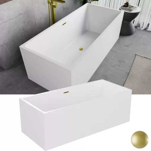 HD Miami White szögletes térben álló akril kád szálcsiszolt arany túlfolyóval és click-clack leeresztővel, 170x75x58 cm