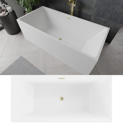 HD Miami White szögletes térben álló akril kád szálcsiszolt arany túlfolyóval és click-clack leeresztővel, 170x75x58 cm