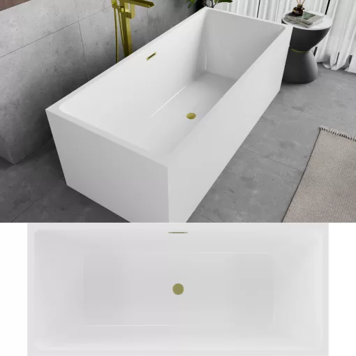 HD Miami White szögletes térben álló akril kád szálcsiszolt arany túlfolyóval és click-clack leeresztővel, 170x75x58 cm