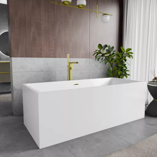 HD Miami White szögletes térben álló akril kád szálcsiszolt arany túlfolyóval és click-clack leeresztővel, 170x75x58 cm