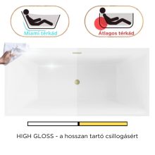 HD Miami White szögletes térben álló akril kád szálcsiszolt arany túlfolyóval és click-clack leeresztővel, 170x75x58 cm