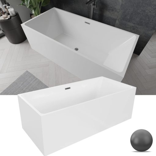 HD Miami White szögletes térben álló akril kád szürke túlfolyóval és click-clack leeresztővel, 170x75x58 cm