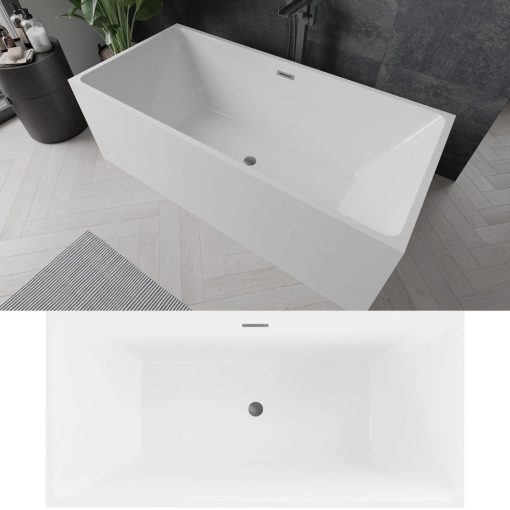 HD Miami White szögletes térben álló akril kád szürke túlfolyóval és click-clack leeresztővel, 170x75x58 cm