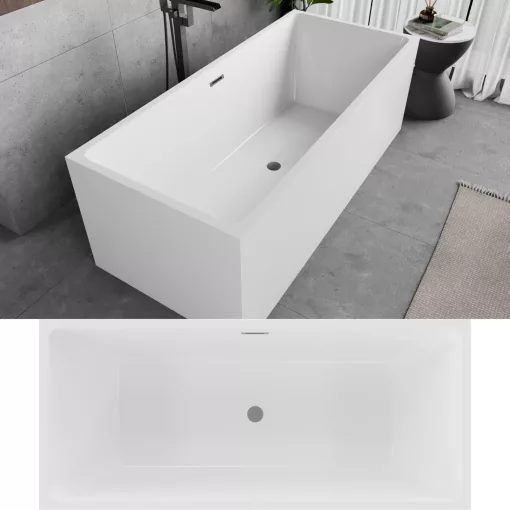 HD Miami White szögletes térben álló akril kád szürke túlfolyóval és click-clack leeresztővel, 170x75x58 cm