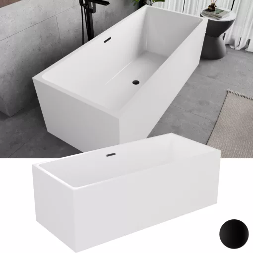 HD Miami White szögletes térben álló akril kád matt fekete túlfolyóval és click-clack leeresztővel, 170x75x58 cm