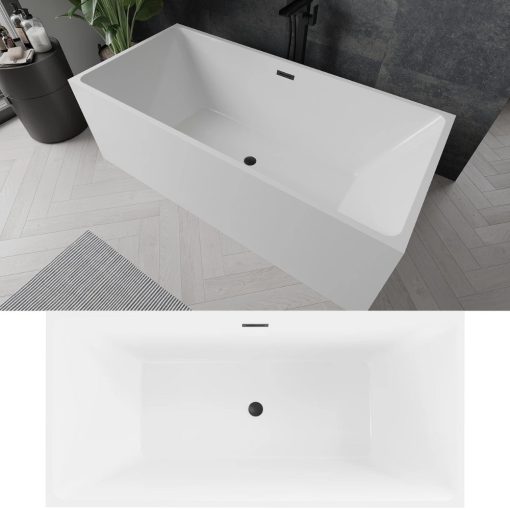 HD Miami White szögletes térben álló akril kád matt fekete túlfolyóval és click-clack leeresztővel, 170x75x58 cm