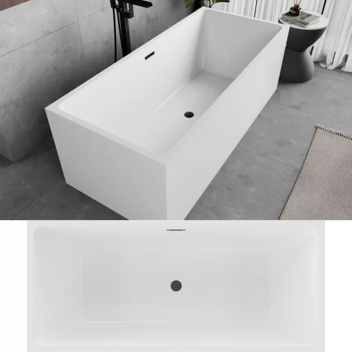 HD Miami White szögletes térben álló akril kád matt fekete túlfolyóval és click-clack leeresztővel, 170x75x58 cm