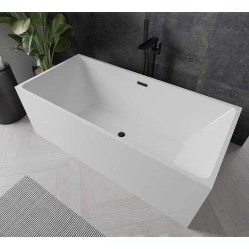 HD Miami White szögletes térben álló akril kád matt fekete túlfolyóval és click-clack leeresztővel, 170x75x58 cm