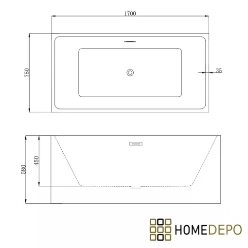 HD Miami White szögletes térben álló akril kád matt fekete túlfolyóval és click-clack leeresztővel, 170x75x58 cm