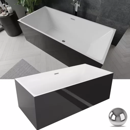 HD Miami Black szögletes térben álló akril kád fényes króm túlfolyóval és click-clack leeresztővel, 170x75x58 cm