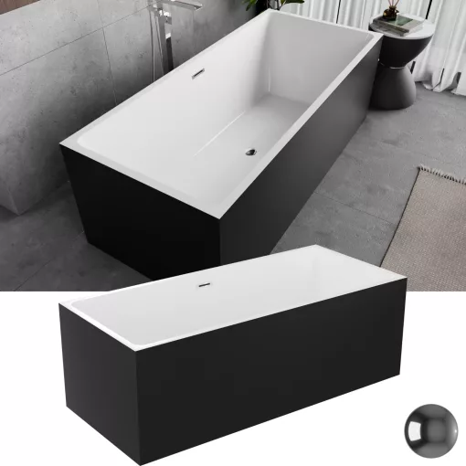 HD Miami Black szögletes térben álló akril kád fényes króm túlfolyóval és click-clack leeresztővel, 170x75x58 cm