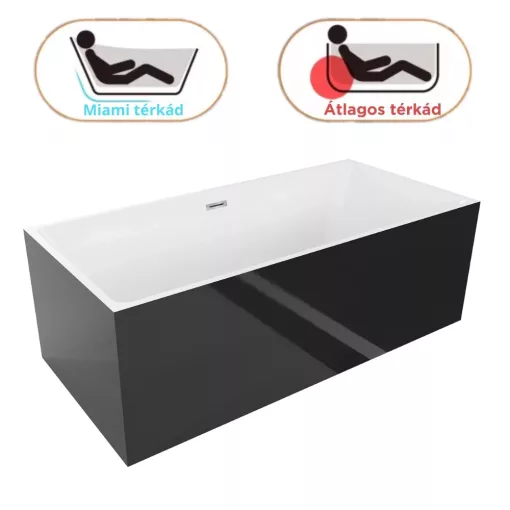 HD Miami Black szögletes térben álló akril kád fényes króm túlfolyóval és click-clack leeresztővel, 170x75x58 cm