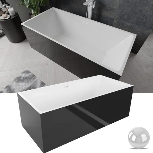 HD Miami Black szögletes térben álló akril kád fényes fehér túlfolyóval és click-clack leeresztővel, 170x75x58 cm