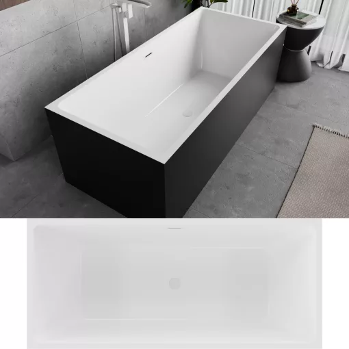 HD Miami Black szögletes térben álló akril kád fényes fehér túlfolyóval és click-clack leeresztővel, 170x75x58 cm