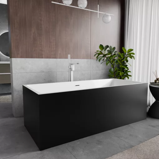HD Miami Black szögletes térben álló akril kád fényes fehér túlfolyóval és click-clack leeresztővel, 170x75x58 cm