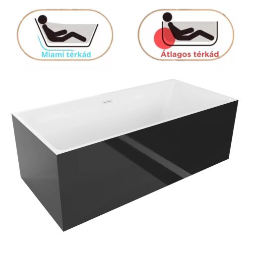 HD Miami Black szögletes térben álló akril kád fényes fehér túlfolyóval és click-clack leeresztővel, 170x75x58 cm