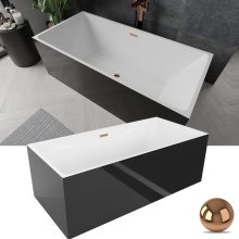 HD Miami Black szögletes térben álló akril kád rózsa arany túlfolyóval és click-clack leeresztővel, 170x75x58 cm