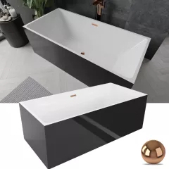   HD Miami Black szögletes térben álló akril kád rózsa arany túlfolyóval és click-clack leeresztővel, 170x75x58 cm