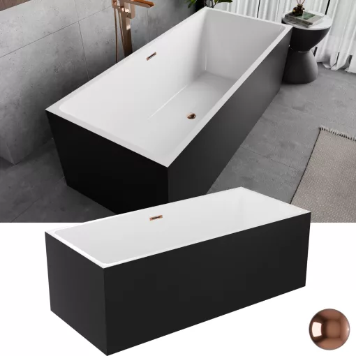 HD Miami Black szögletes térben álló akril kád rózsa arany túlfolyóval és click-clack leeresztővel, 170x75x58 cm