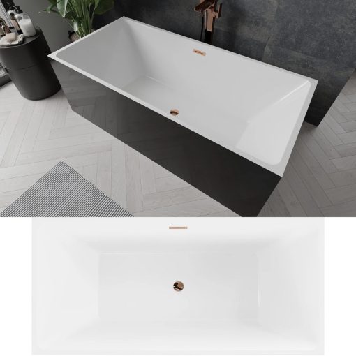 HD Miami Black szögletes térben álló akril kád rózsa arany túlfolyóval és click-clack leeresztővel, 170x75x58 cm