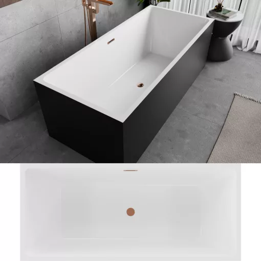 HD Miami Black szögletes térben álló akril kád rózsa arany túlfolyóval és click-clack leeresztővel, 170x75x58 cm