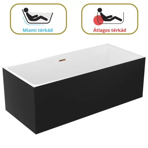 HD Miami Black szögletes térben álló akril kád rózsa arany túlfolyóval és click-clack leeresztővel, 170x75x58 cm