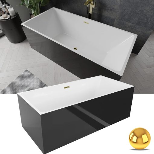 HD Miami Black szögletes térben álló akril kád fényes arany túlfolyóval és click-clack leeresztővel, 170x75x58 cm