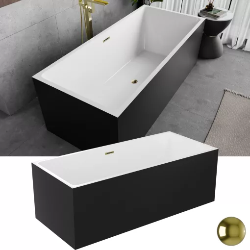 HD Miami Black szögletes térben álló akril kád fényes arany túlfolyóval és click-clack leeresztővel, 170x75x58 cm