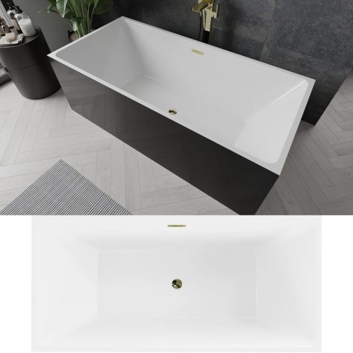 HD Miami Black szögletes térben álló akril kád fényes arany túlfolyóval és click-clack leeresztővel, 170x75x58 cm