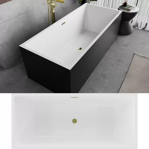 HD Miami Black szögletes térben álló akril kád fényes arany túlfolyóval és click-clack leeresztővel, 170x75x58 cm