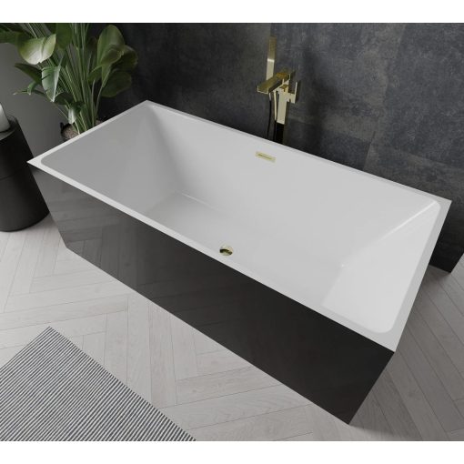 HD Miami Black szögletes térben álló akril kád fényes arany túlfolyóval és click-clack leeresztővel, 170x75x58 cm