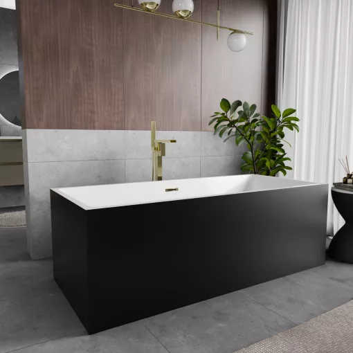 HD Miami Black szögletes térben álló akril kád fényes arany túlfolyóval és click-clack leeresztővel, 170x75x58 cm