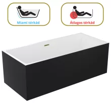 HD Miami Black szögletes térben álló akril kád fényes arany túlfolyóval és click-clack leeresztővel, 170x75x58 cm