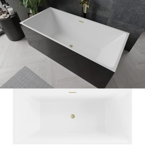 HD Miami Black szögletes térben álló akril kád szálcsiszolt arany túlfolyóval és click-clack leeresztővel, 170x75x58 cm