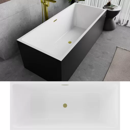 HD Miami Black szögletes térben álló akril kád szálcsiszolt arany túlfolyóval és click-clack leeresztővel, 170x75x58 cm