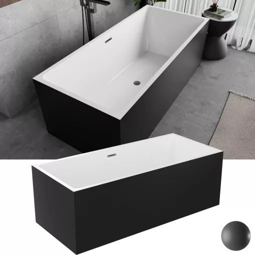 HD Miami Black szögletes térben álló akril kád szürke túlfolyóval és click-clack leeresztővel, 170x75x58 cm