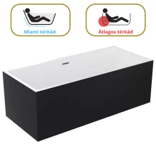 HD Miami Black szögletes térben álló akril kád szürke túlfolyóval és click-clack leeresztővel, 170x75x58 cm
