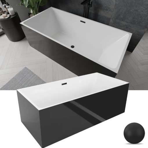 HD Miami Black szögletes térben álló akril kád matt fekete túlfolyóval és click-clack leeresztővel, 170x75x58 cm