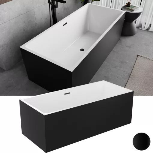 HD Miami Black szögletes térben álló akril kád matt fekete túlfolyóval és click-clack leeresztővel, 170x75x58 cm