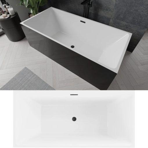 HD Miami Black szögletes térben álló akril kád matt fekete túlfolyóval és click-clack leeresztővel, 170x75x58 cm